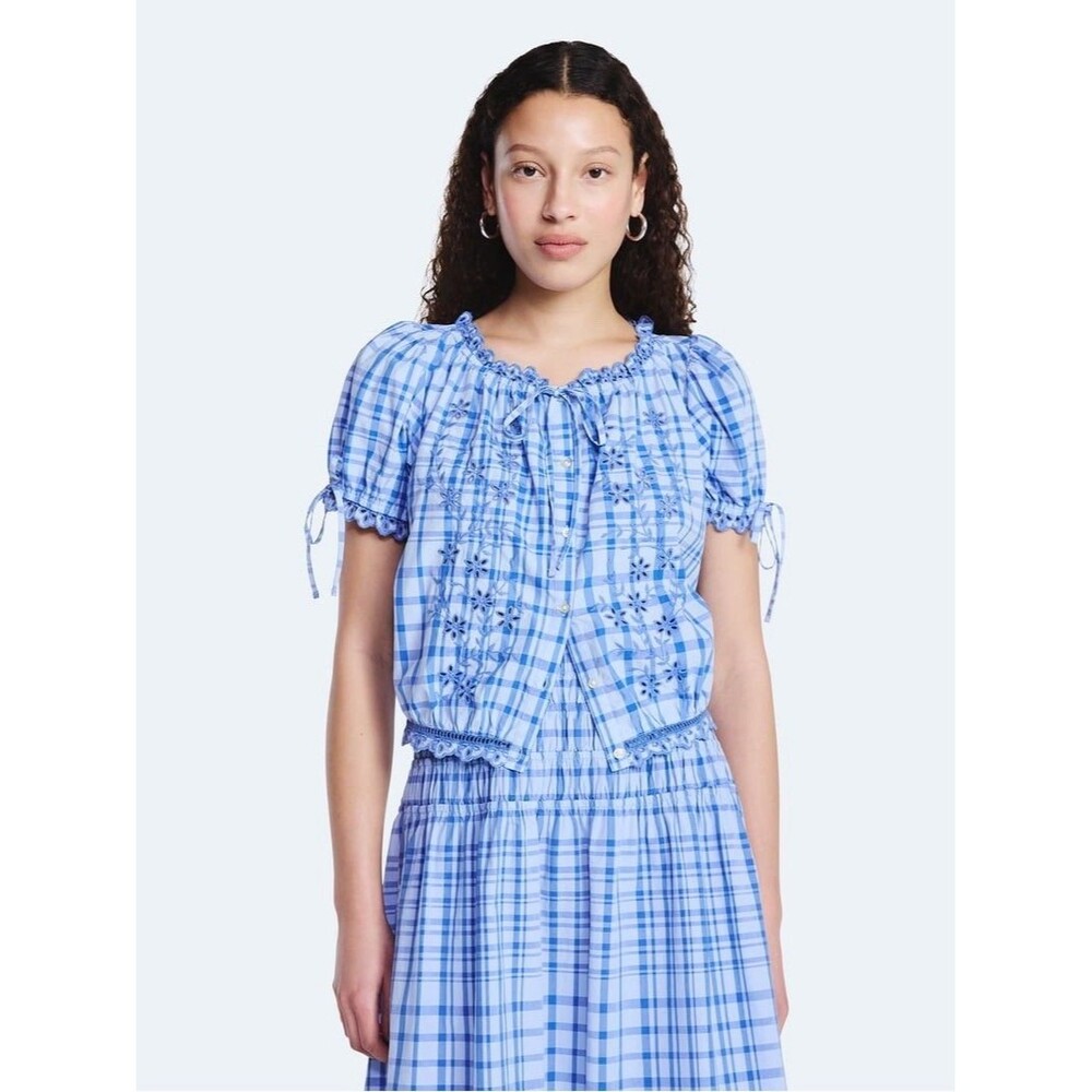 Blue Plaid Short-Sleeve Peasant Blouse